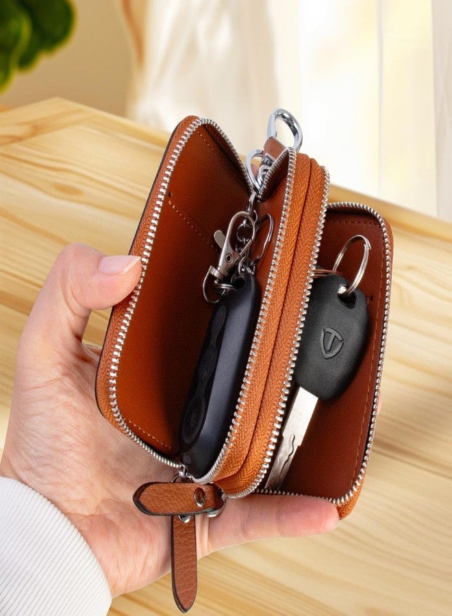 UVKDEENK 2 Pack Double Zipper Car Key Case, Retro Leather Car Key Fob Holder, Women Key Organizer with Metal Hook Keyring, Mens Vintage Key Coin Bag Black Brown - Image 2